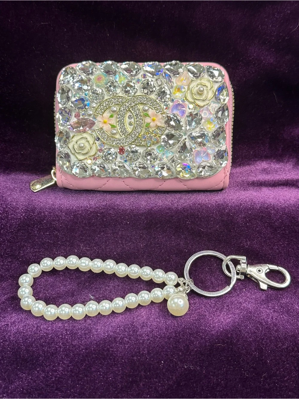 crystal bloom sparkle zip pouch + pearl wristlet 🐥